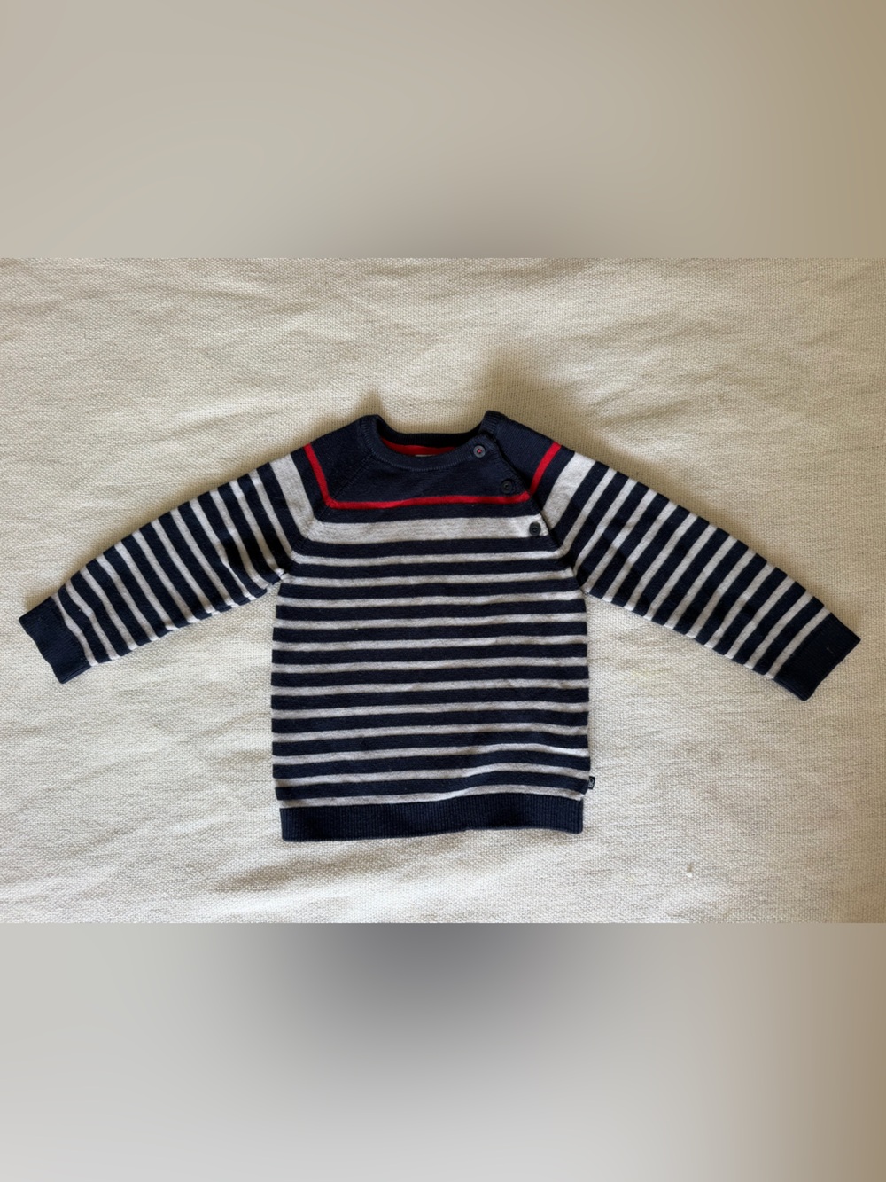 Navy & Gray Striped kids Crewneck Sweater with Red Trim